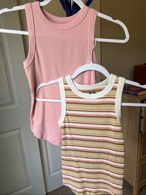 SO Pink Ribbed Tank Tops - Solid Pink + Pink/Cream/Tan/Green Striped